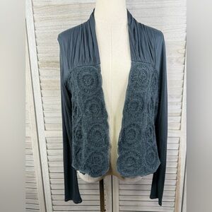 ANTHROPOLOGIE (Meadow Rue) Boho Open Front Cardigan Crochet Knit Blue/Gray-Small